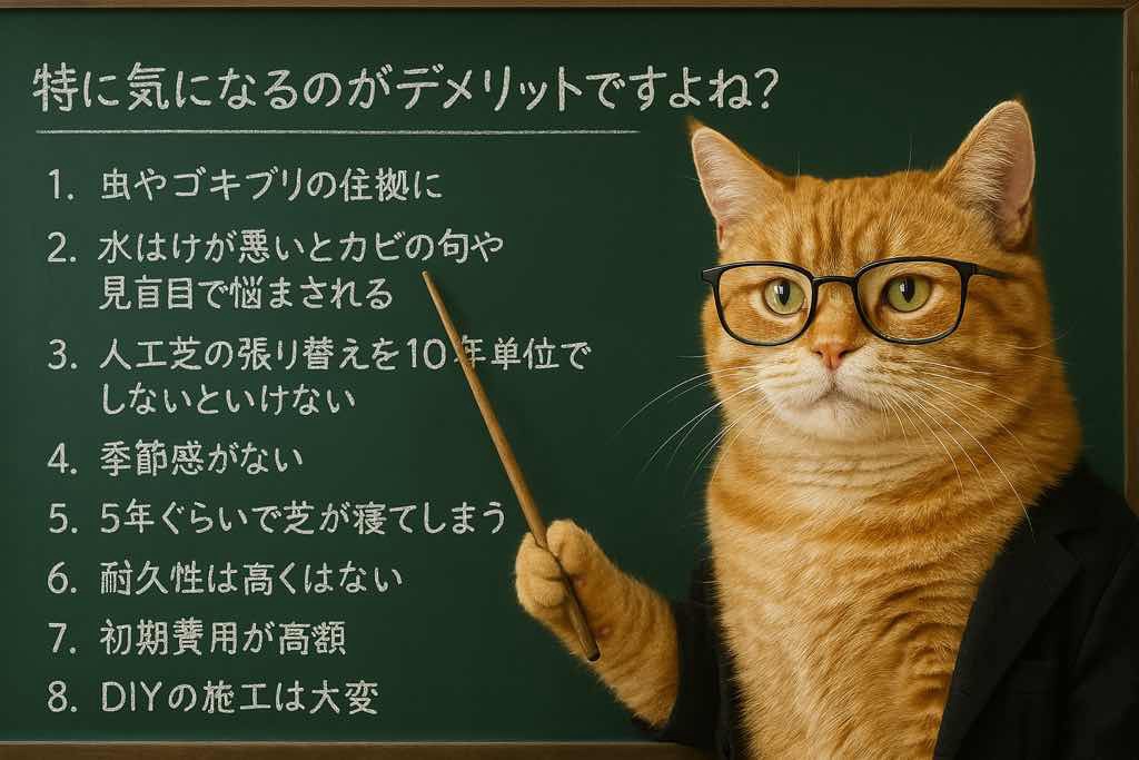 虫やゴキブリの住処に水はけが悪いとカビの匂いや見た目で悩まされる人工芝の張り替えを１０年単位でしないといけない季節感が無い５年ぐらいで芝が寝てしまう耐久性は高くはない初期費用が高額diyの施工は大変
