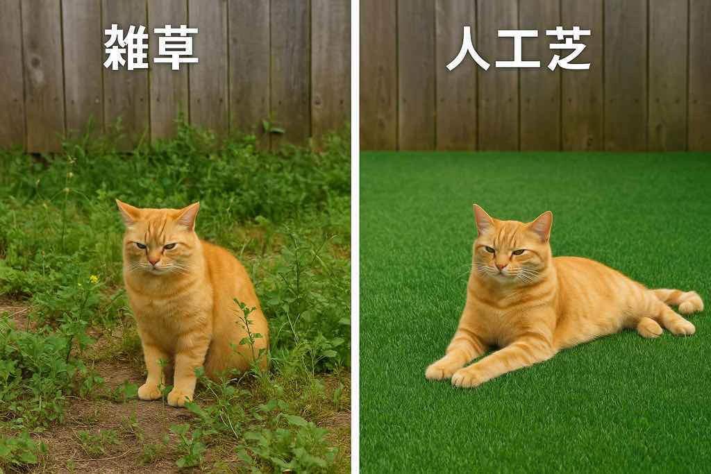 雑草が生い茂る庭と、人工芝できれいに整備された庭を比較したビフォーアフター画像。猫がくつろいでおり、快適な庭の変化を視覚的に表現している。