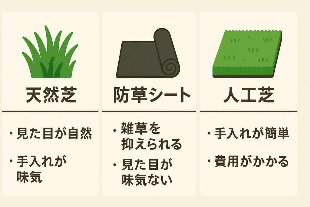 人工芝、防草シート単体、天然芝のそれぞれの特徴と違いを簡潔に比較した図解。耐久性、見た目、手間の観点で整理されている。