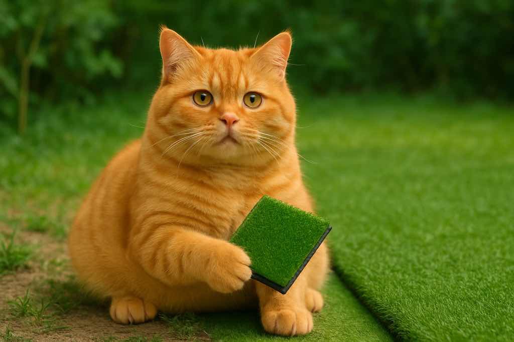 人工芝のサンプルを前に考え込むぽっちゃり猫。庭に敷く人工芝の選び方を象徴的に表現したイメージ写真。