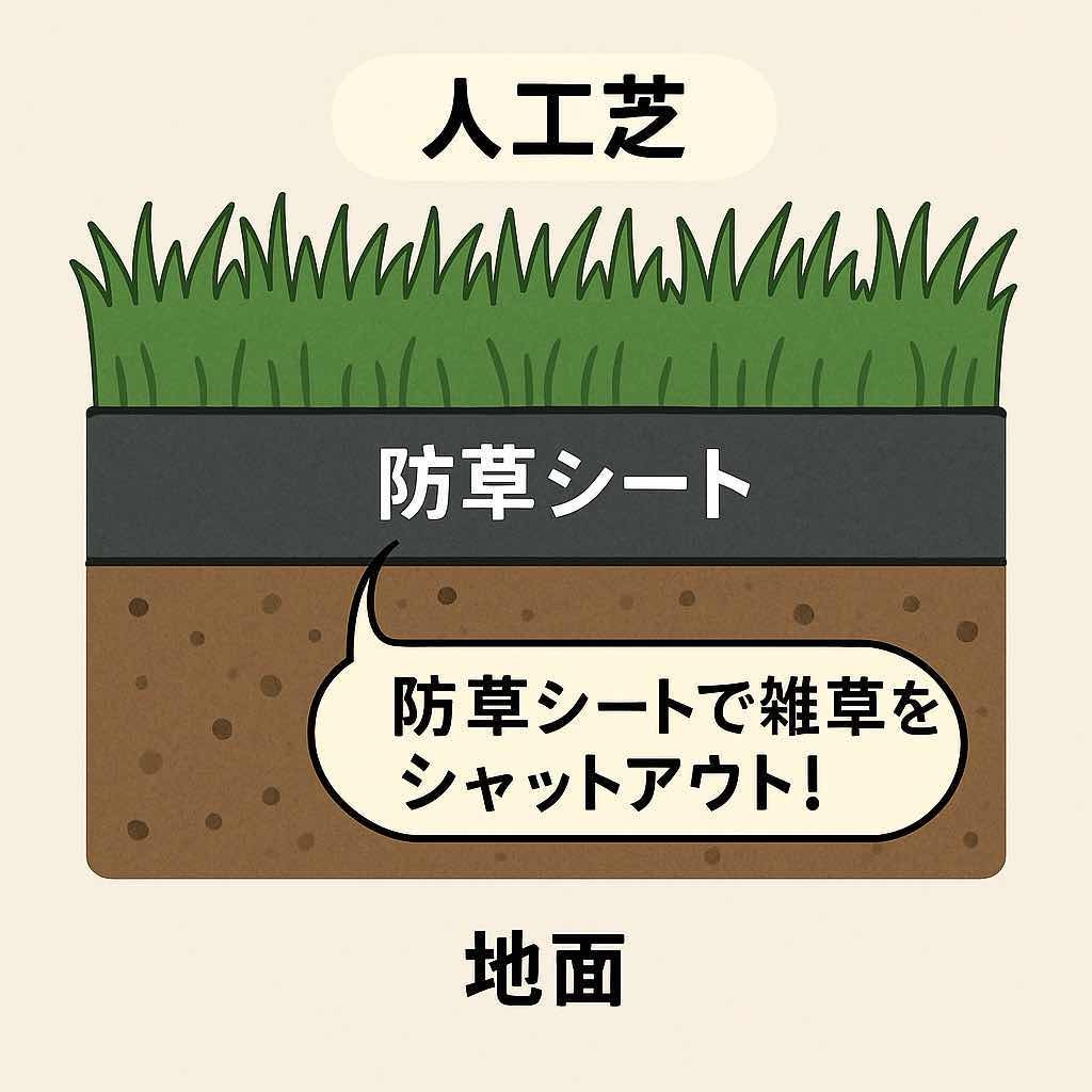 人工芝を敷くための地面の断面図。地面の上に防草シートを敷き、その上に人工芝を重ねた構造が視覚的に示されている。雑草対策の施工方法を解説するための図解。同時に