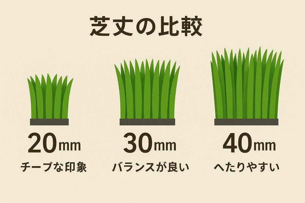 芝丈の異なる人工芝(20mm、30mm、40mm)を並べて比較した図。見た目や質感の違いが視覚的にわかるように構成されており、人工芝選びの参考になる。