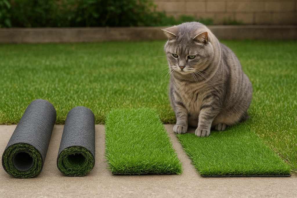 庭に並べた複数の人工芝ロールを前に、悩んでいるような表情の猫。人工芝選びに迷う様子をユーモラスに表現したリアル系のイメージ写真。
