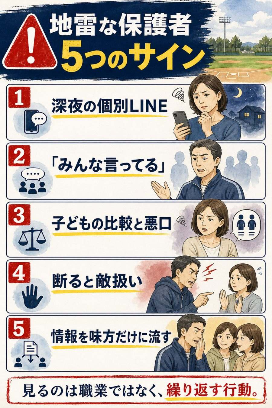 少年野球で親同士トラブルを起こしやすい保護者の5つの行動サイン