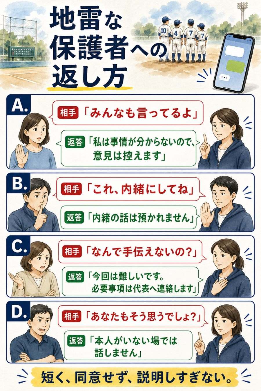 少年野球の地雷な保護者へ同意せず短く返す会話テンプレート