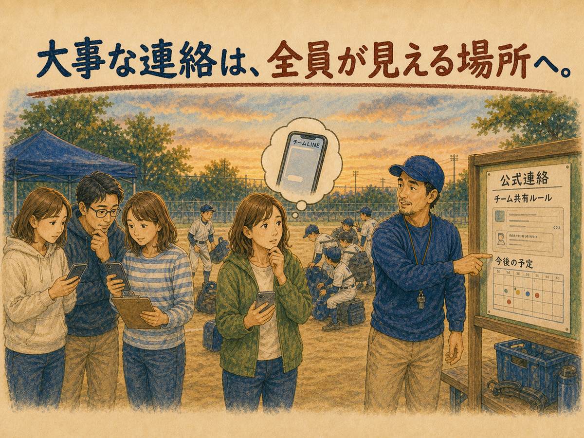 少年野球の大切な連絡を保護者全員が見える場所へ集める場面