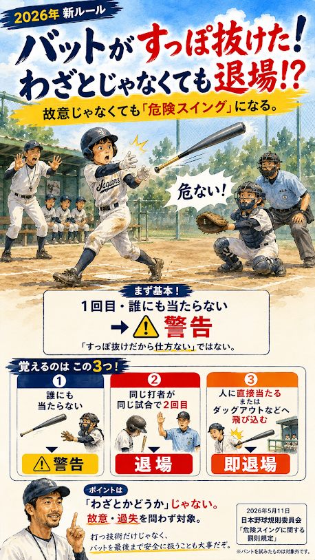 バットがすっぽ抜けたときの危険スイング規定の警告と退場の違い