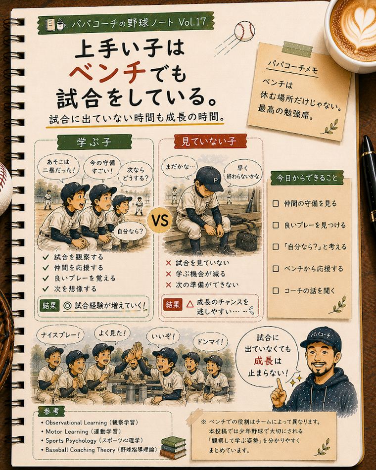 少年野球でベンチにいても試合を観察し仲間を応援して成長する方法の図解