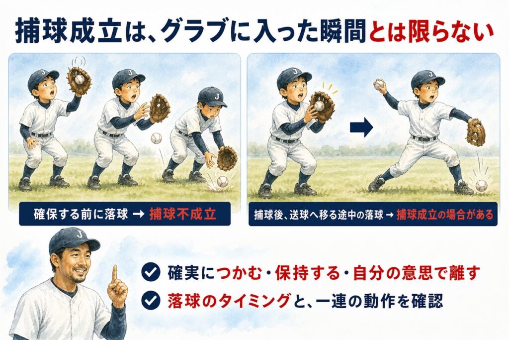 捕球前の落球と、捕球後に送球へ持ち替える途中の落球の違い