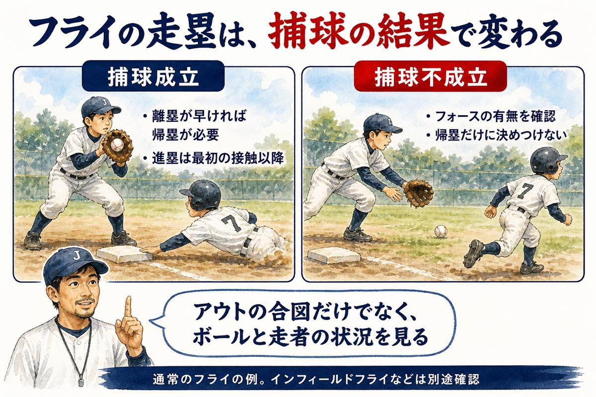 捕球成立時の帰塁とタッチアップ、捕球不成立時のフォース確認を分けた図