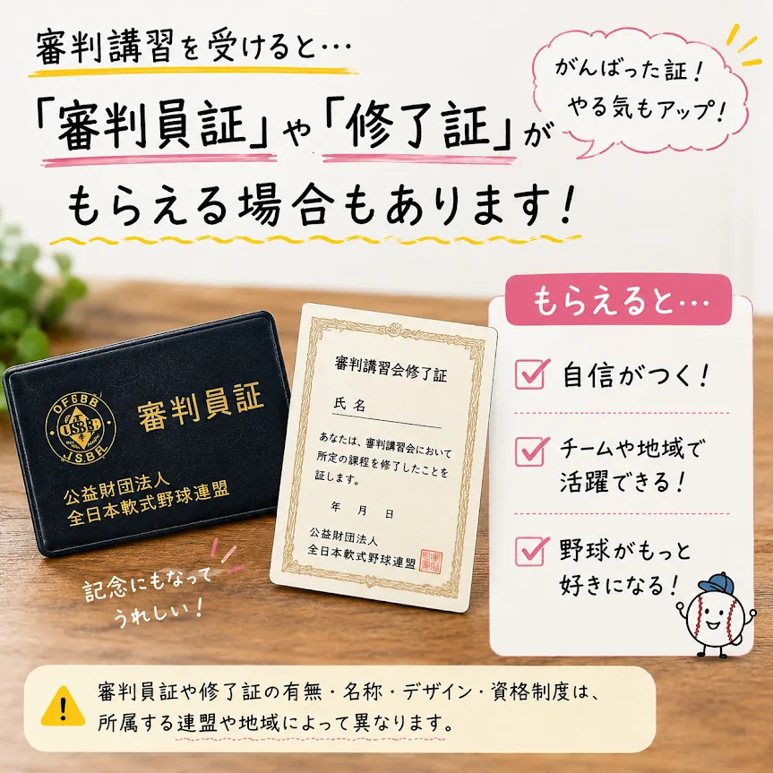 審判講習後に審判員証や修了証が交付される場合があることを示すイメージ