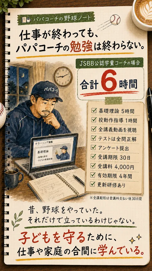 仕事と家庭の合間に公認学童コーチの講習を学ぶパパコーチ