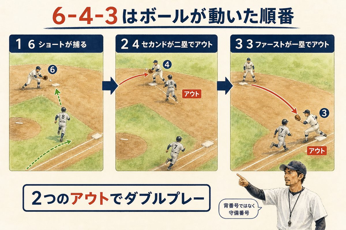 6-4-3ダブルプレーでショートからセカンド、ファーストへ送球する流れ
