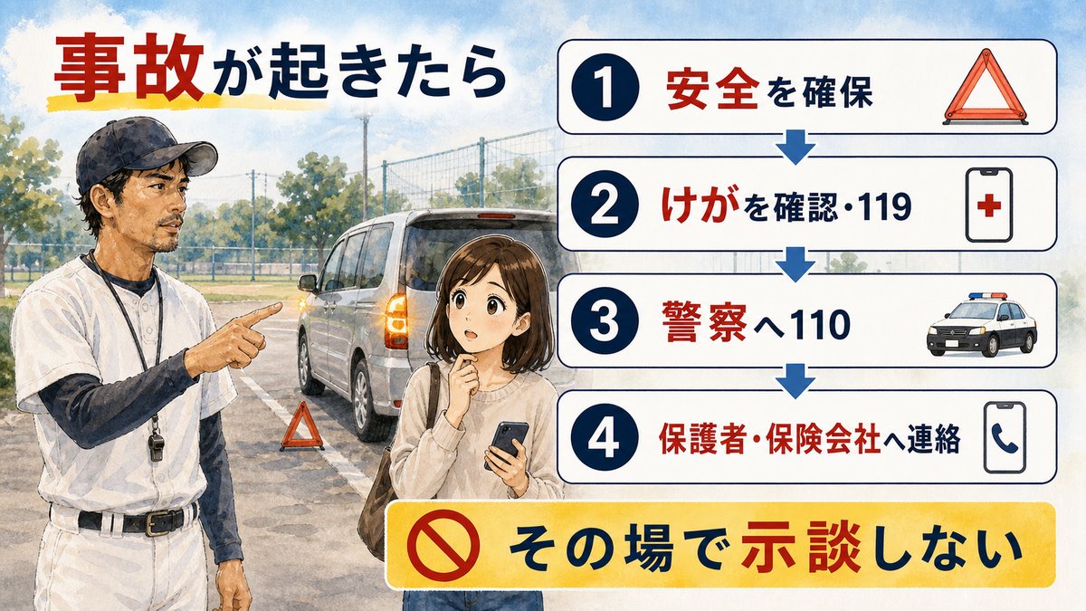 少年野球の配車中に事故が起きた場合の安全確保、救護、警察、保護者と保険会社への連絡順