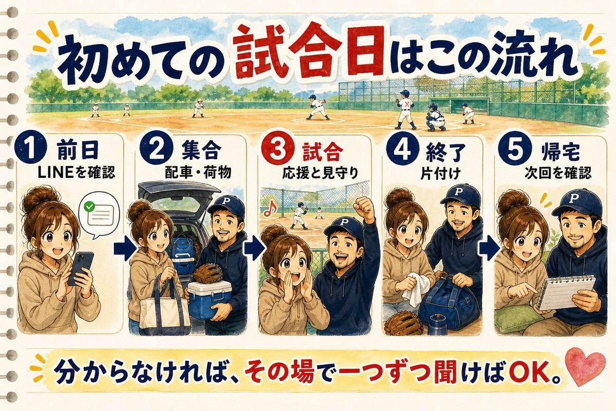 少年野球で初めて試合に参加する親の前日確認から帰宅までの流れを示した図解