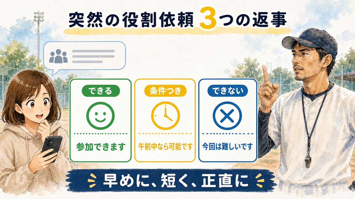 少年野球LINEの突然の役割依頼へ、できる・条件つき・できないで返事する図解