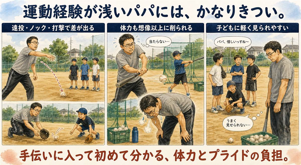 運動経験が浅い保護者のパパが少年野球の練習で感じる負担の図解