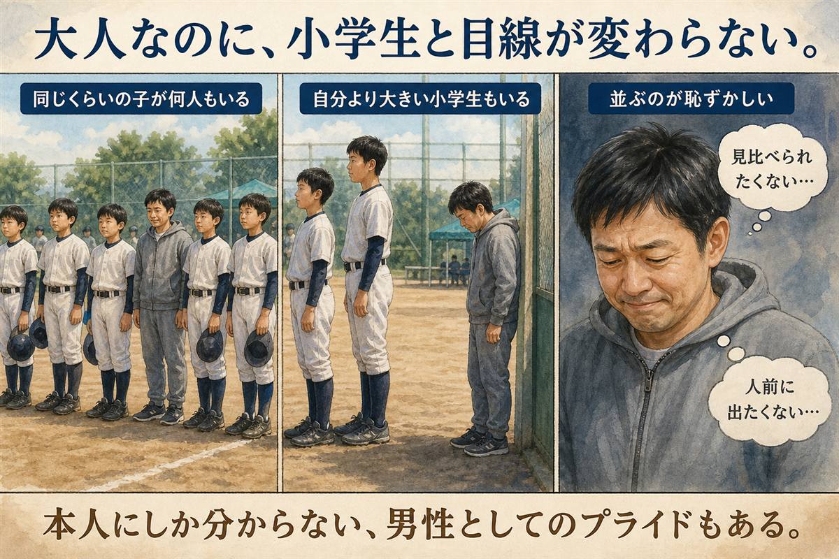 小学生と同じ目線になることを恥ずかしく感じる保護者のパパの図解