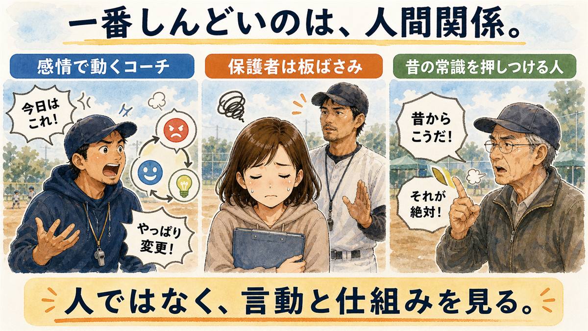 少年野球の保護者が人間関係で疲れる理由を示した図解