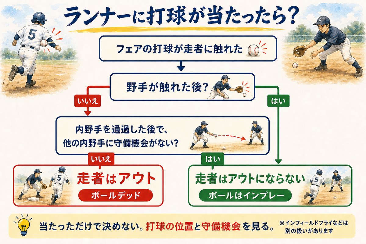 野手への接触と内野手の守備機会から走者アウトかを判断するフローチャート
