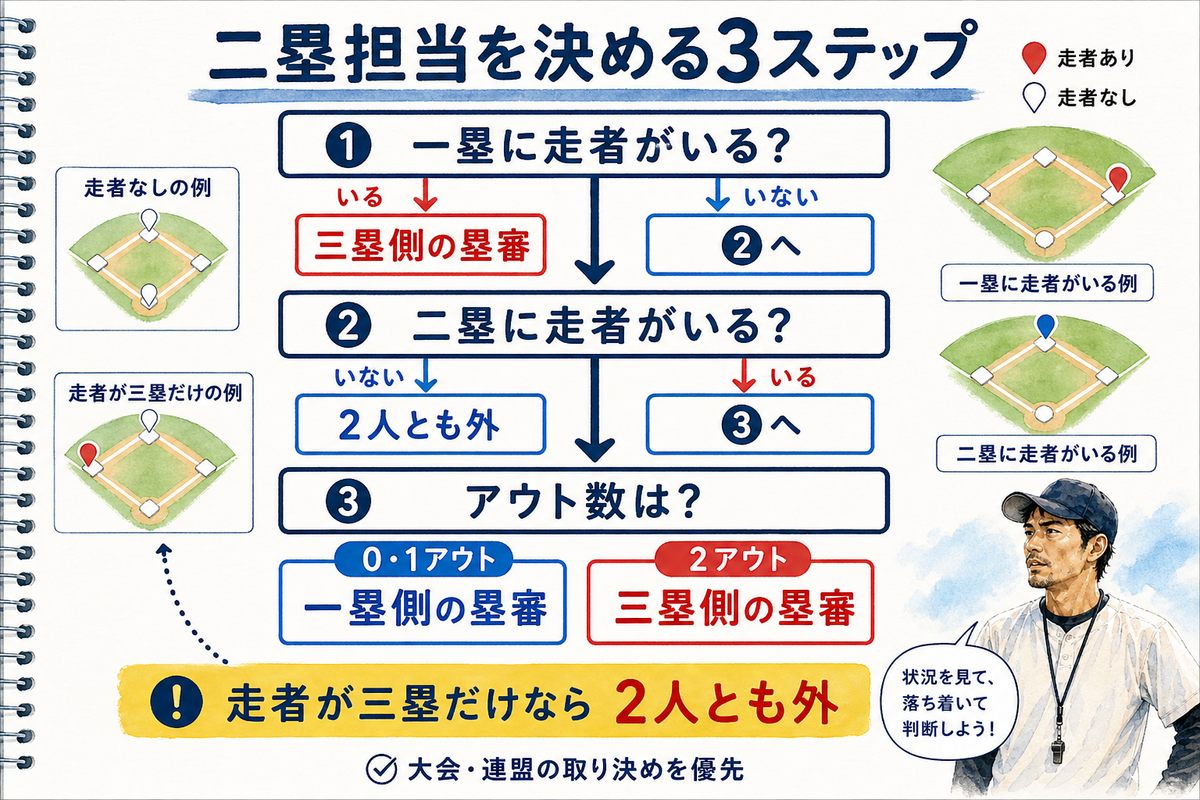 一塁走者、二塁走者、アウト数の順で三人制審判の二塁担当を決める判断フロー