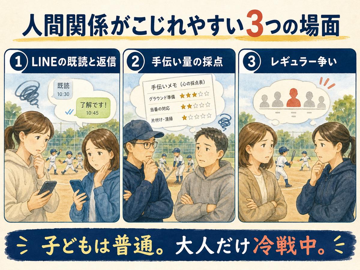 少年野球の保護者の人間関係がこじれやすい三つの場面を示す図解