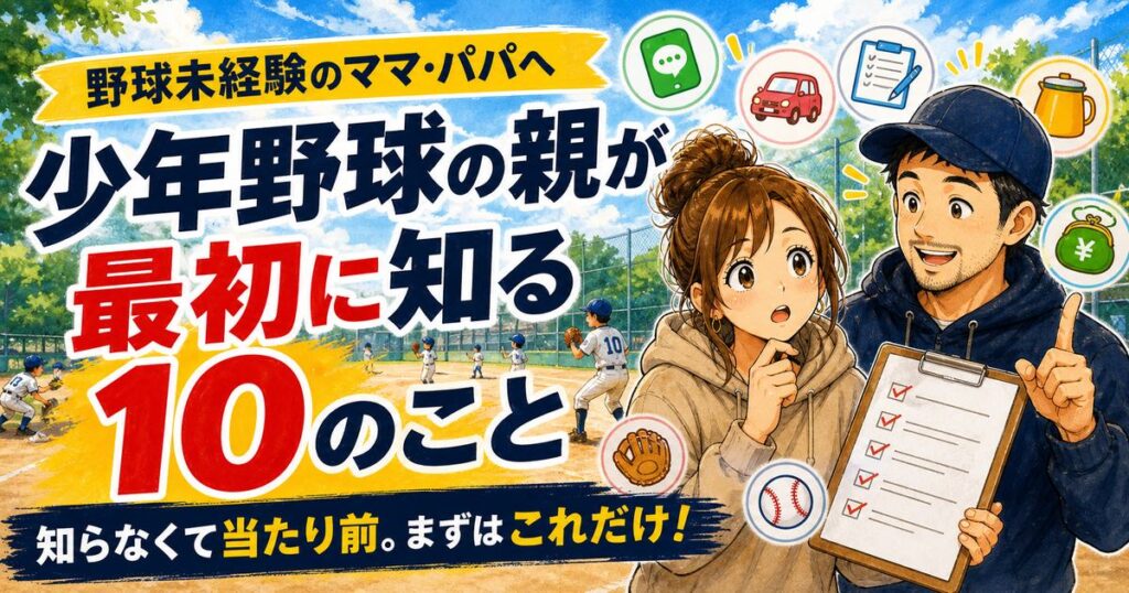 野球未経験のママとパパコーチが少年野球の親が最初に知る10項目を紹介するアイキャッチ