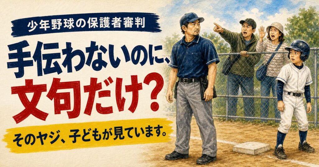 少年野球の保護者審判へ応援席からヤジを飛ばし、その様子を子どもが見ている場面のアイキャッチ
