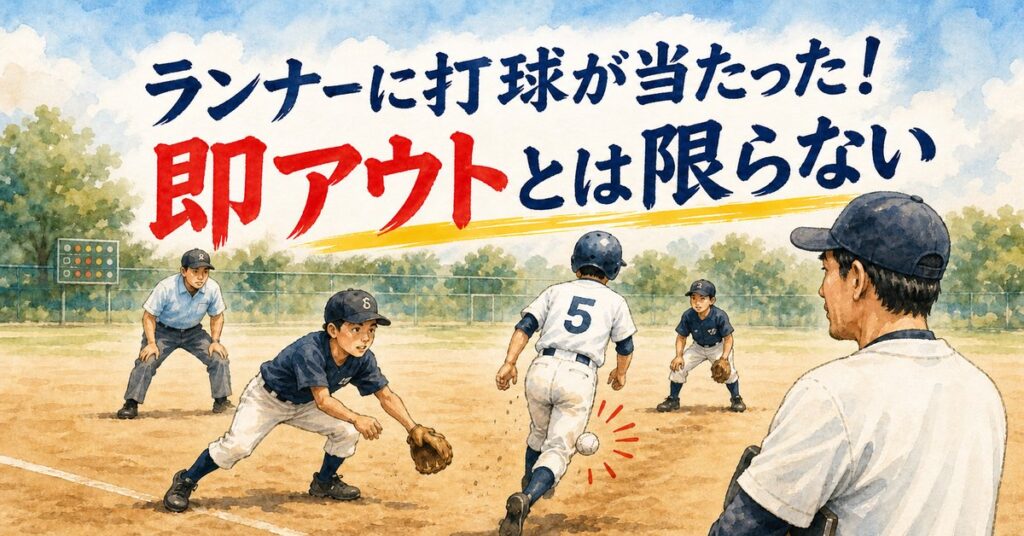 ランナーに打球が当たった場面と即アウトとは限らないことを示すアイキャッチ画像