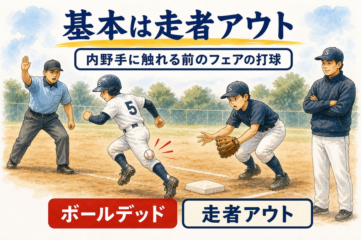 内野手に触れる前のフェアの打球が走者に当たり走者アウトとボールデッドになる場面