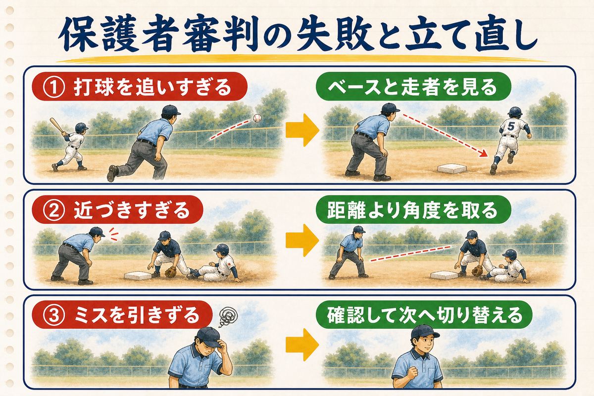 打球を追いすぎる、近づきすぎる、ミスを引きずる失敗と立て直し方の図解