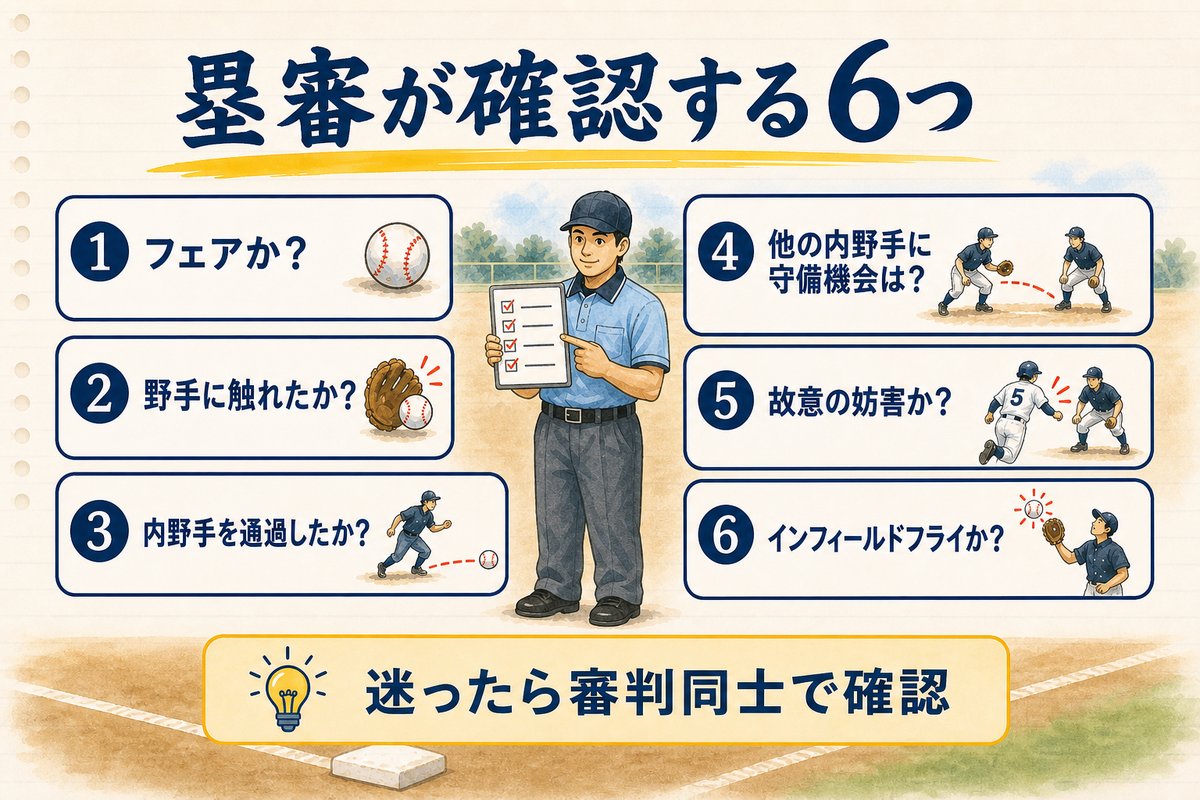 フェアか野手に触れたかなど塁審が確認する6項目のチェックリスト