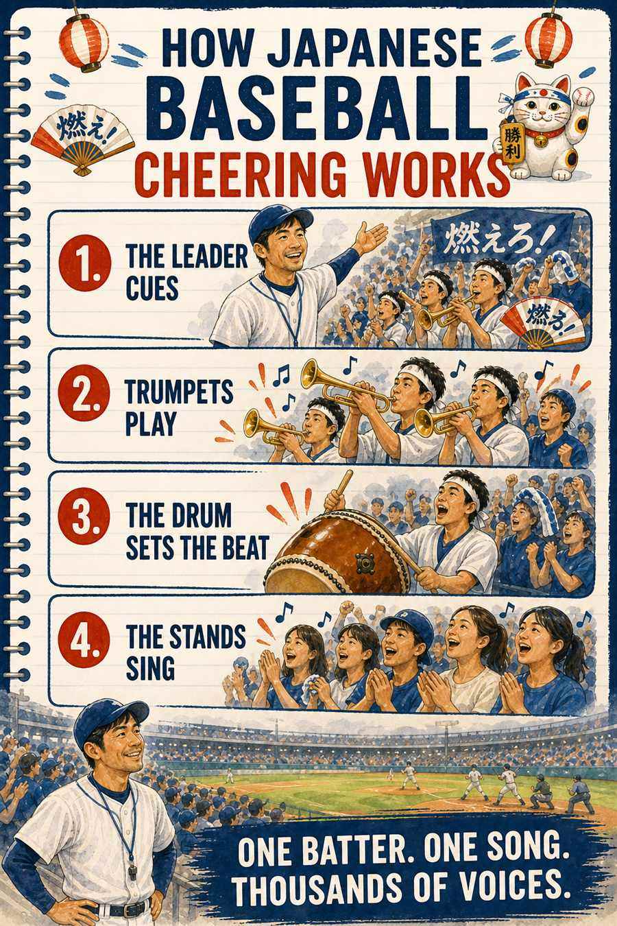 English diagram explaining the leader, trumpets, drum and singing in Japanese baseball cheering