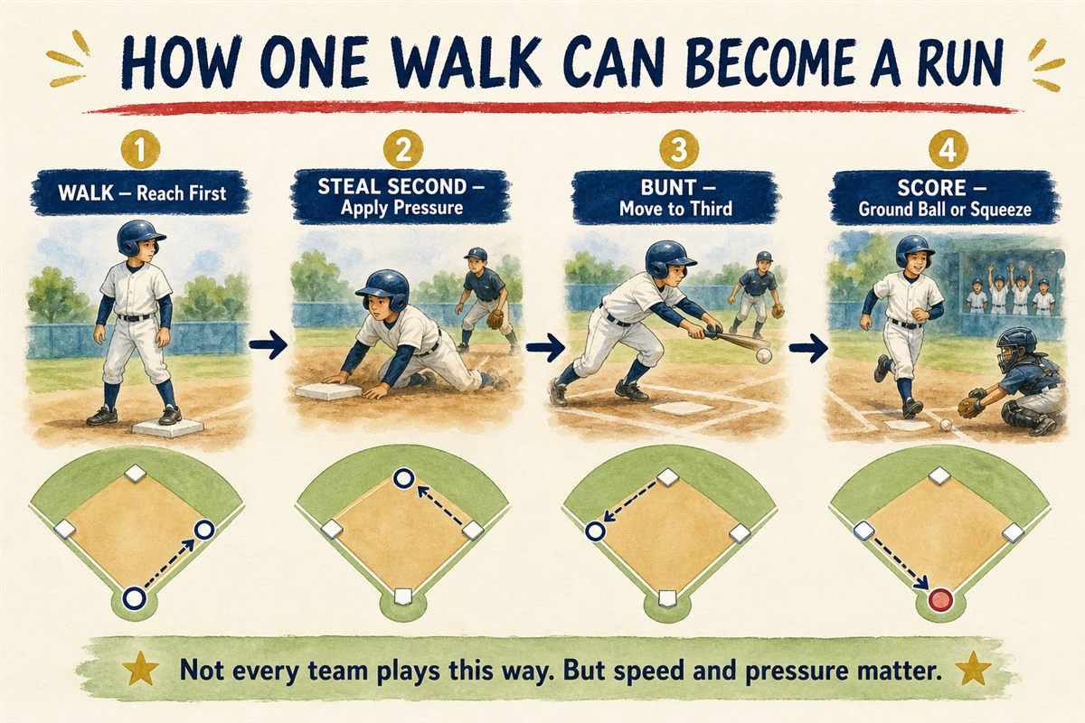 Diagram showing how a walk can become a run through a stolen base, bunt and squeeze in Japanese youth baseball