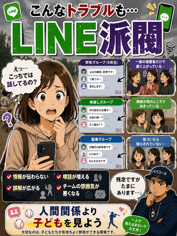 少年野球の保護者LINEで別グループや噂話に戸惑う保護者