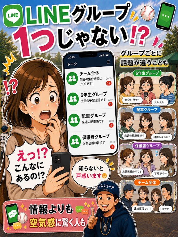 少年野球でチーム全体、学年、配車、保護者など複数のLINEグループに戸惑う保護者