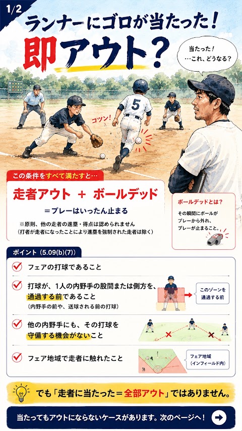 フェアの打球が走者に当たりアウトとボールデッドになる条件を説明する図解