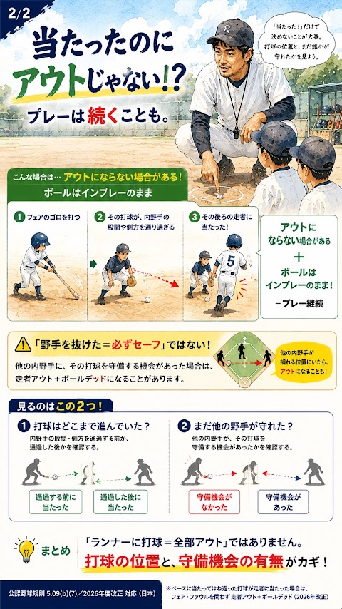 内野手に触れた後や守備機会がない場合は走者アウトにならないことを説明する図解