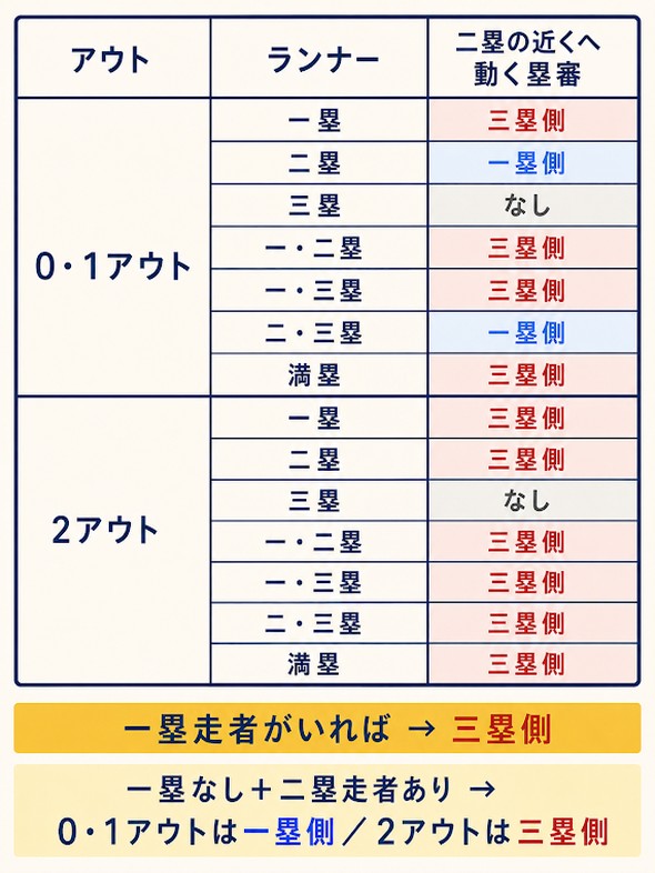 三人制審判で走者とアウト数から二塁付近へ動く塁審を確認する早見表