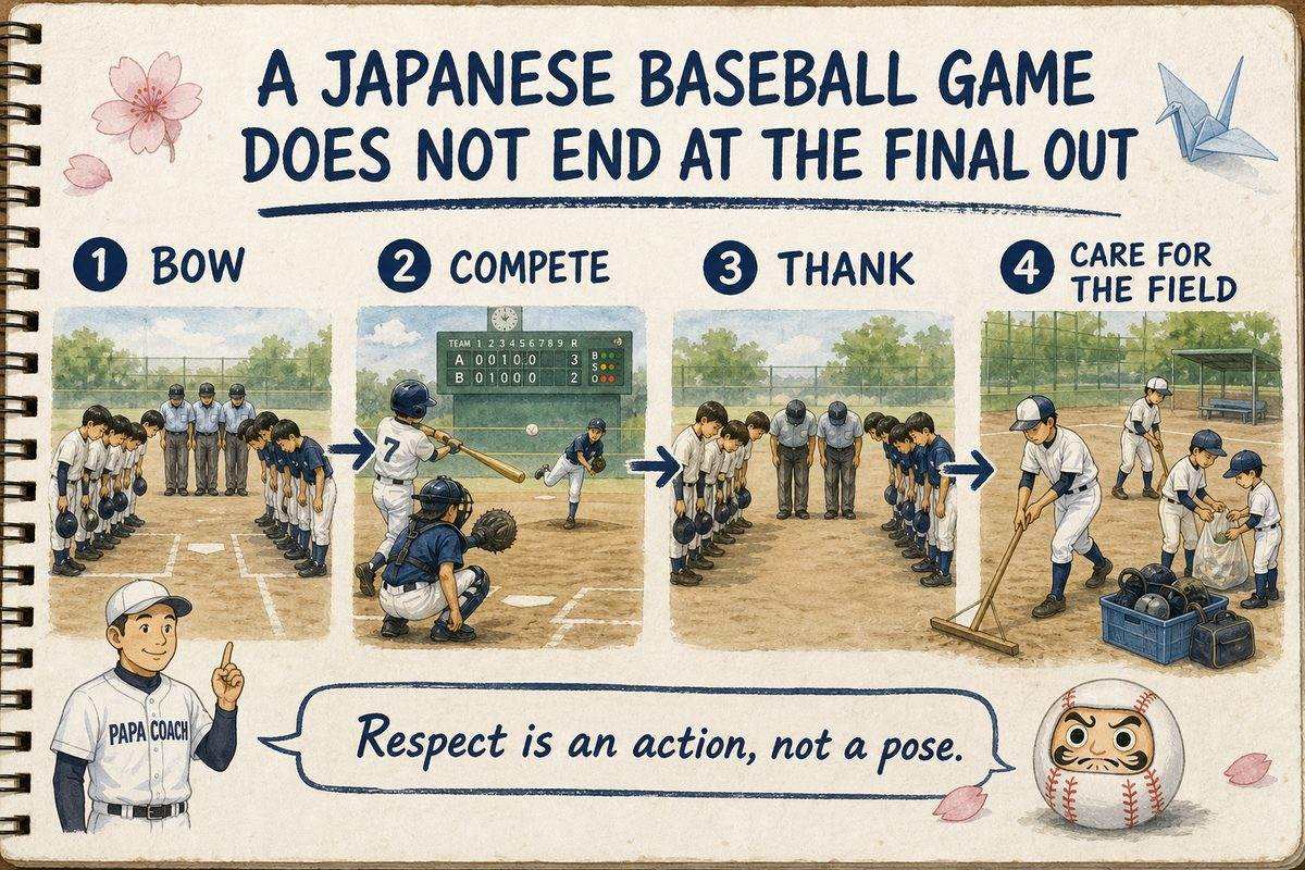 English diagram showing the bow, competition, thanks and field care in a Japanese youth baseball game