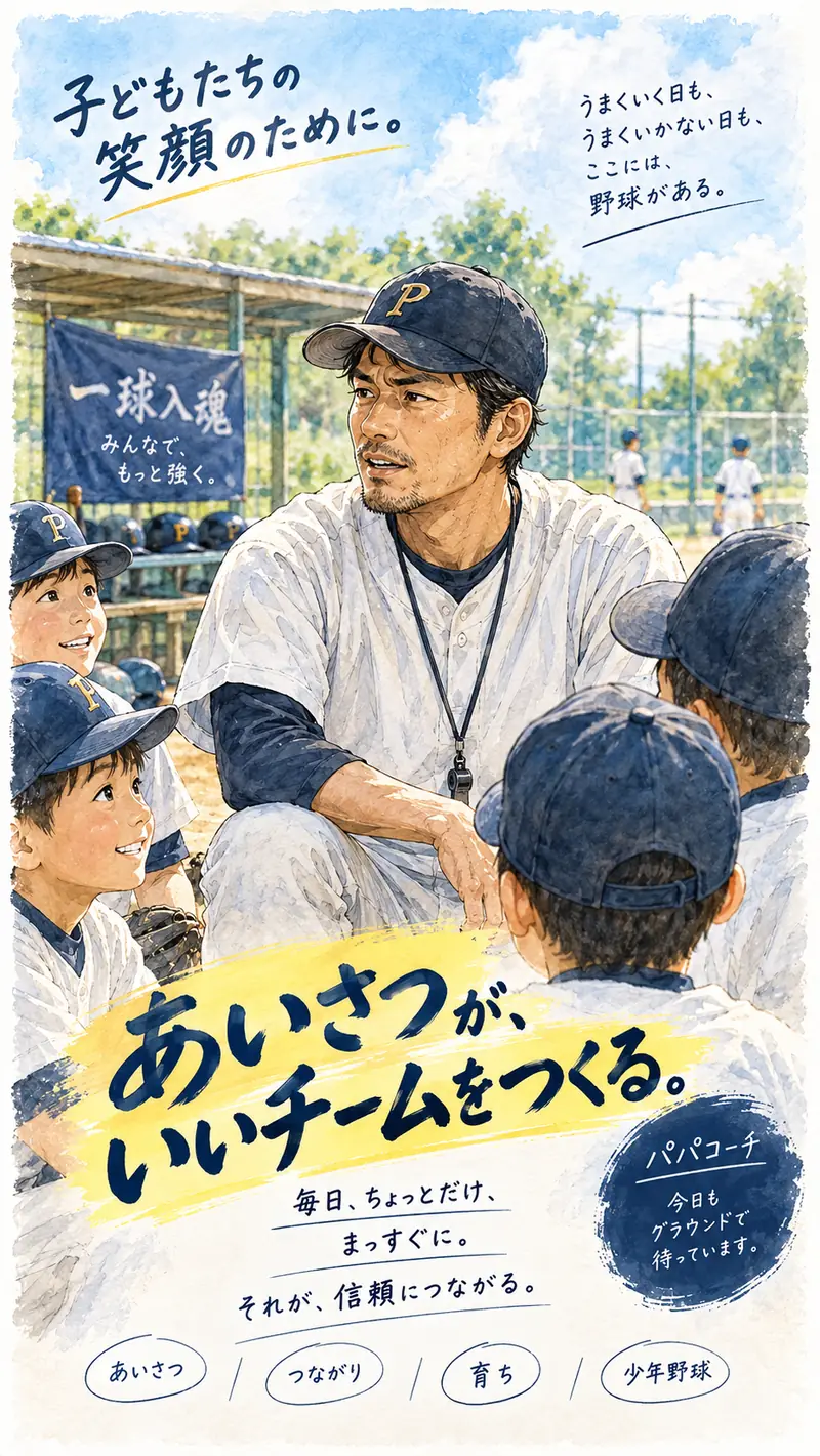 子どもたちとグラウンドで話すパパコーチのプロフィールイラスト