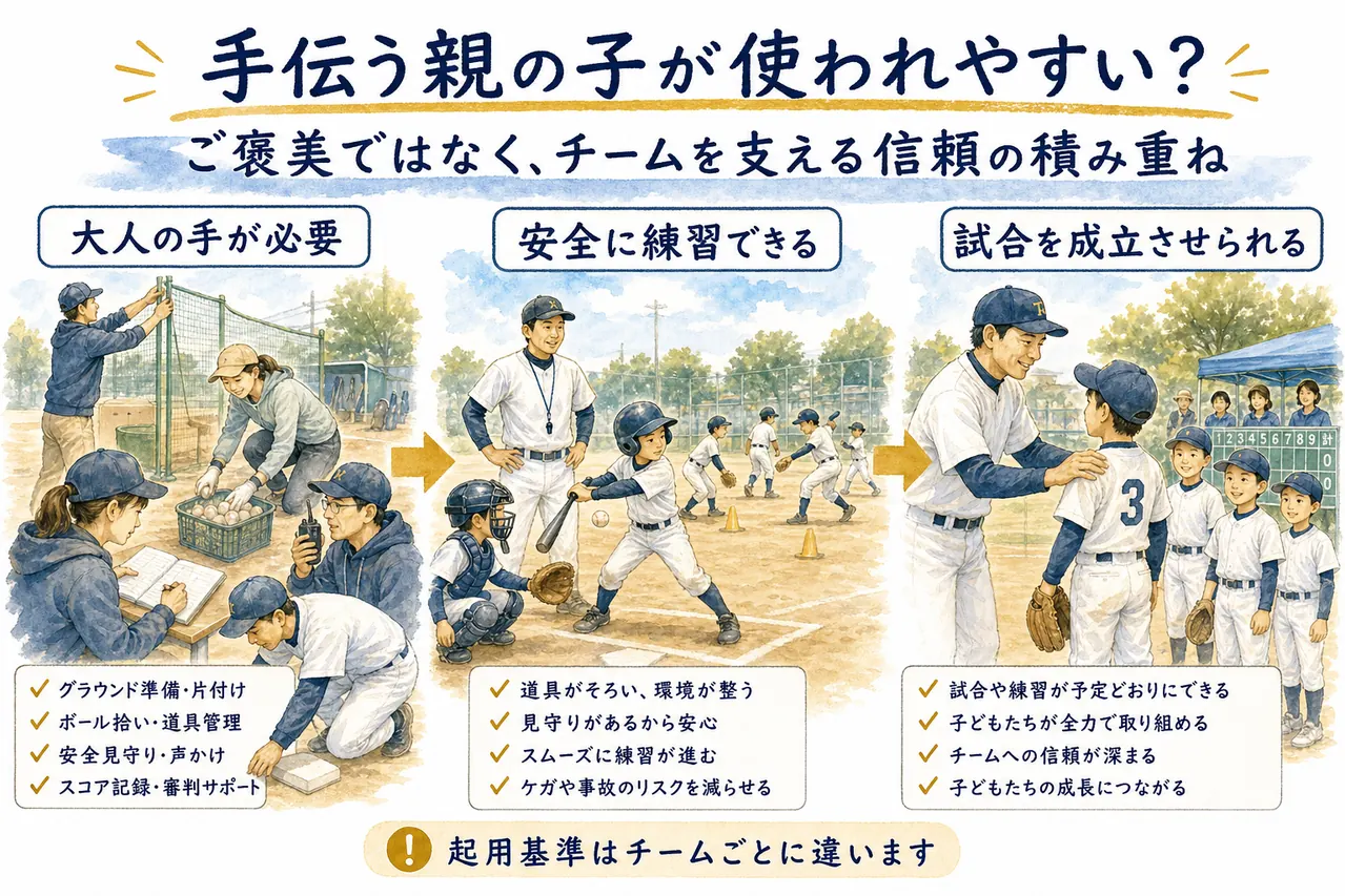 少年野球で保護者の協力が安全な練習と試合運営と信頼につながる図解