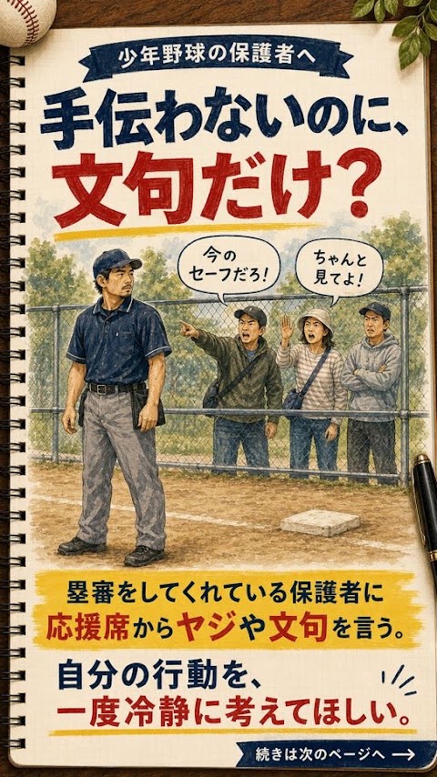 少年野球で塁審を務める保護者へ応援席から文句を言う場面のイラスト
