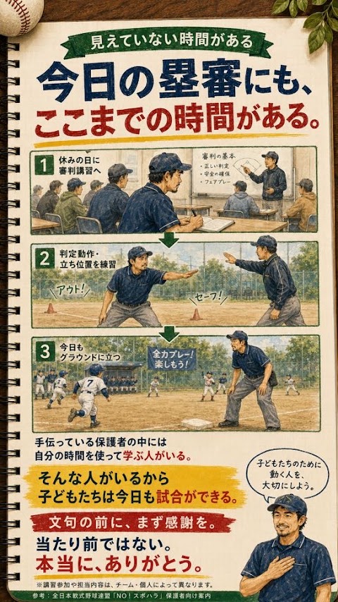 講習や判定練習を経て少年野球の塁審を務める保護者のイラスト