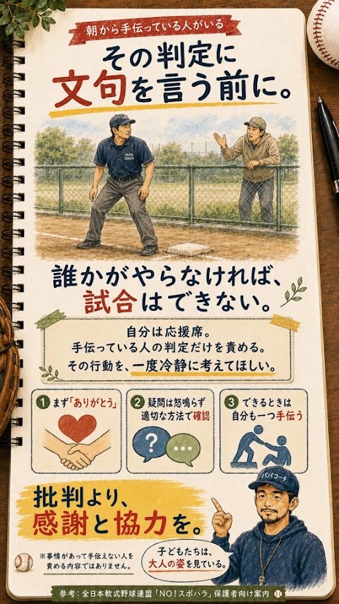 塁審を務める保護者へ感謝と協力を呼びかける少年野球のイラスト