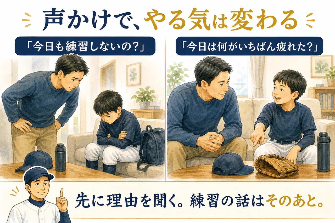 少年野球で自主練しない子への親の声かけ比較