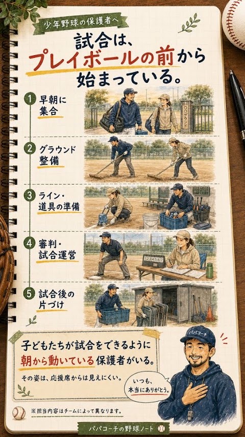 集合やグラウンド整備から試合運営と片付けまでを行う保護者のイラスト