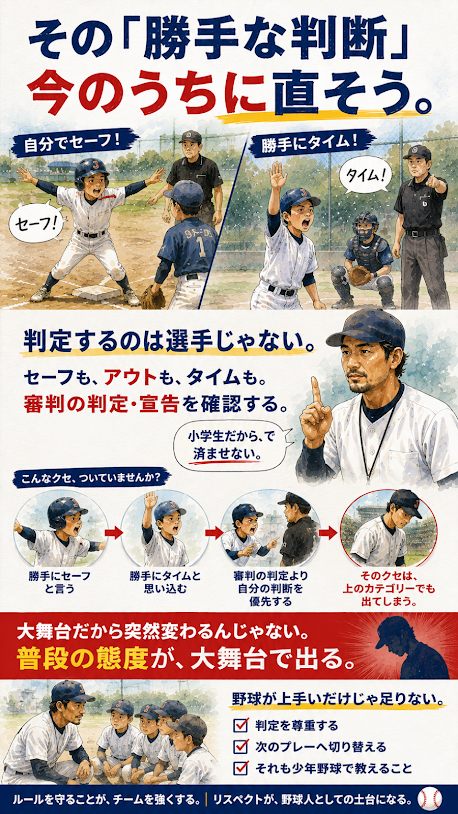 選手の自己判定と審判の宣告を分けて考える少年野球の図解