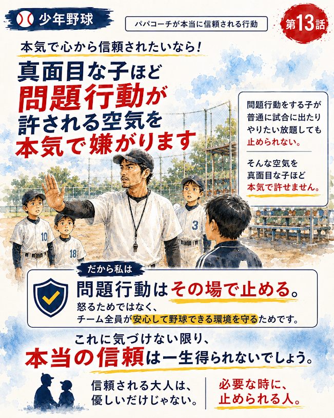 仲間への問題行動を止めるコーチと、見守る子どもたち