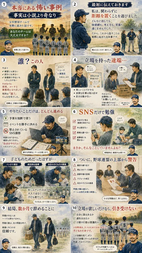 怖いコーチがチームへ入り子どもが来られなくなるまでの実例をまとめた図解